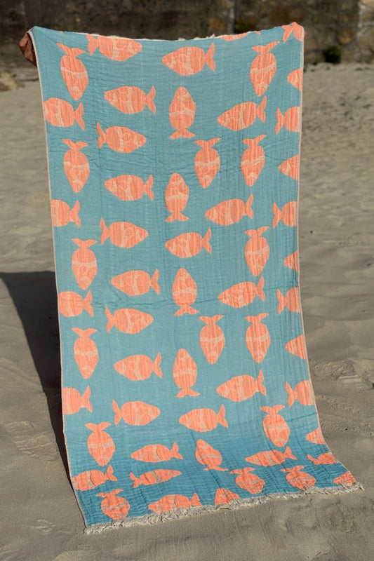Toalla Reversible "FISH" Azul-Salmón FLÚOR - 100x200cm